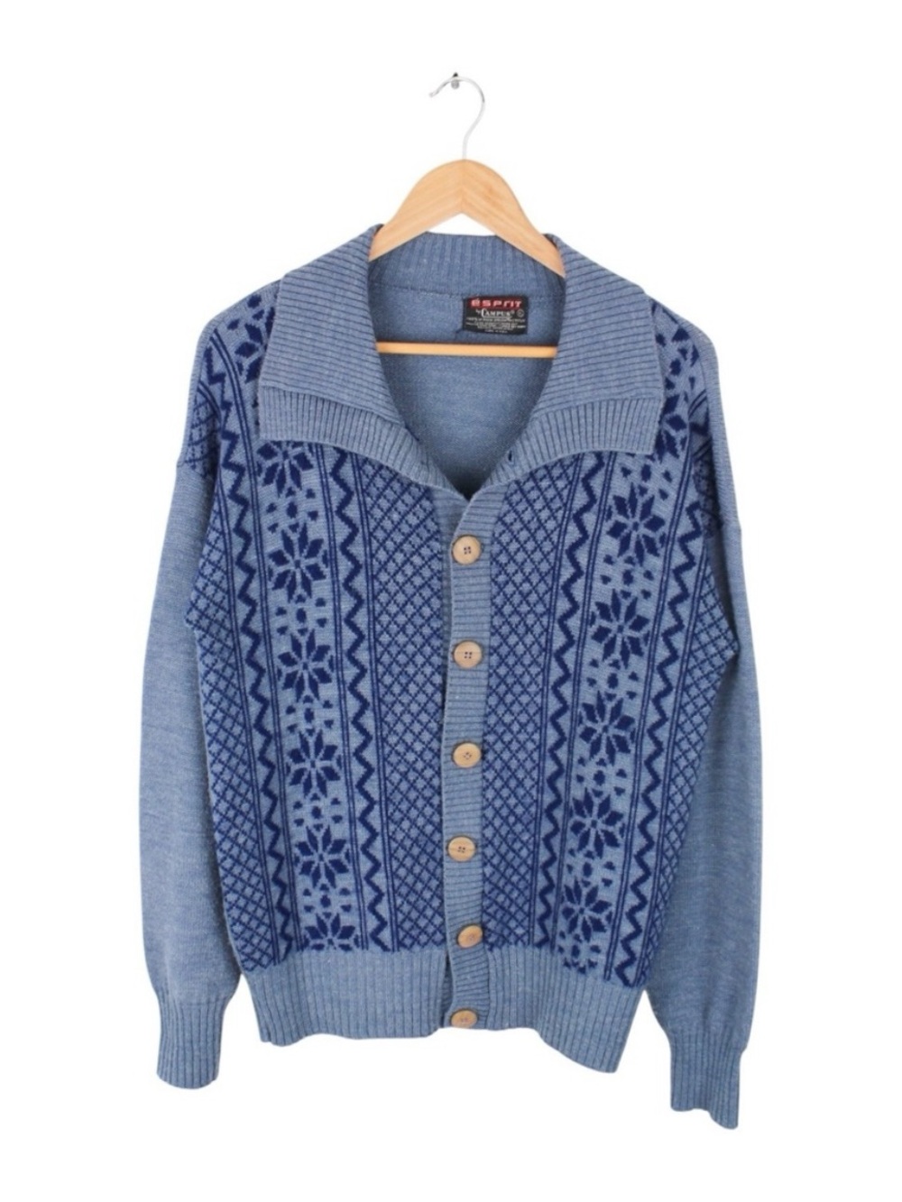 Vintage Campus Cardigan Sweater Nordic Pattern Fair Isle Blue Acrylic Size XL